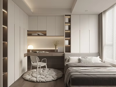 Minimalist Tatami Bedroom Interior Design With Built in Cabinets Writing Desk Chair And Soft Lighting 3d model