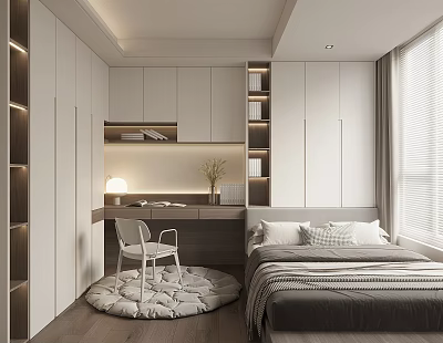 Minimalist Tatami Bedroom Interior Design With Built in Cabinets Writing Desk Chair And Soft Lighting 3d model
