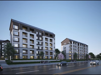 Modern Multi story Residential Building Exterior With Street View Trees And Evening Sky 3d model