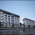 Modern Multi story Residential Building Exterior With Street View Trees And Evening Sky