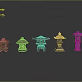 Outdoor Lights Japanese Style Stone Lanterns with Various Designs Traditional Roofs Some Lit for Garden