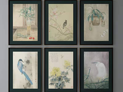 Six Traditional Plant Paintings with Bamboo Plum Blossoms and Birds for Wall Decor 3d model