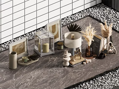 Decorative Ornament Set Featuring Frames Glass Lantern Candles Table Lamp Dried Flowers On Marble Surface 3d model