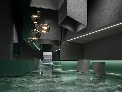 Exhibition Hall Interior With Dark Walls Geometric Structures Green Elements Metallic Spherical Lamps Linear Lighting 3d model