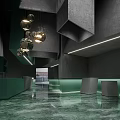 Exhibition Hall Interior With Dark Walls Geometric Structures Green Elements Metallic Spherical Lamps Linear Lighting 3d model