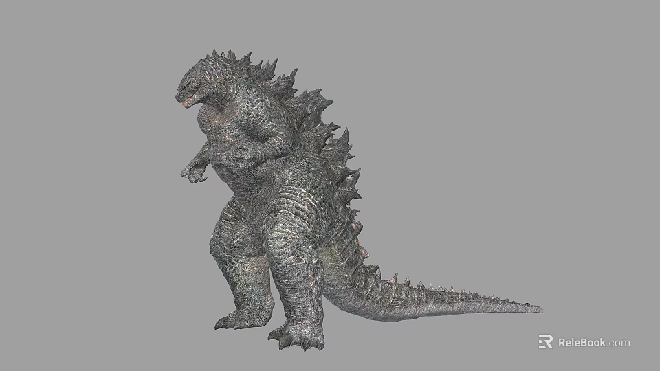 Realistic Godzilla Creature Figure Standing With Scaly Skin And Dorsal Spikes On Gray Background 3d model 