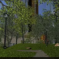 Urban Garden Landscape With Lush Trees Green Grass Lawn Stone Path Near Modern High Rise Buildings