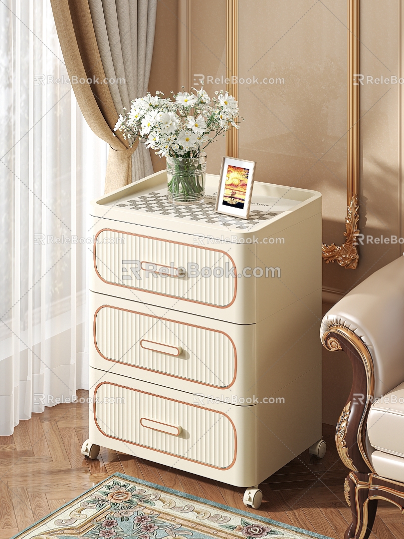 Cream Style Bedside Table Side Cabinet Storage Cabinet Table Lamp European Style Bed 3d model