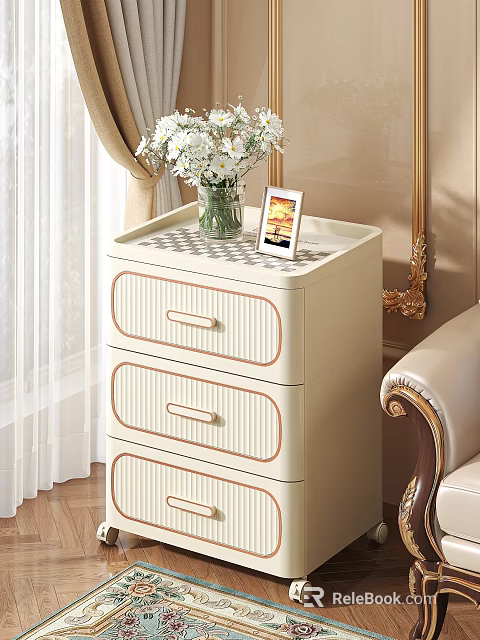 Elegant Modern Three Drawer Beige Storage Cabinet with Vase and Photo Frame on Top 3d model 