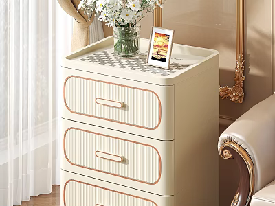 Elegant Modern Three Drawer Beige Storage Cabinet with Vase and Photo Frame on Top 3d model