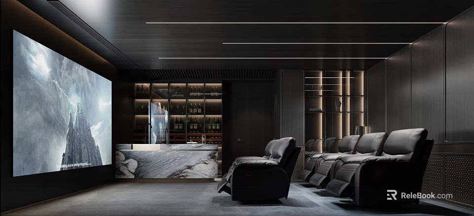Luxury Home Theater Room With Large Projection Screen Leather Recliners And Wine Cabinet 3d model 
