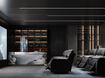 Luxury Home Theater Room With Large Projection Screen Leather Recliners And Wine Cabinet 3d model