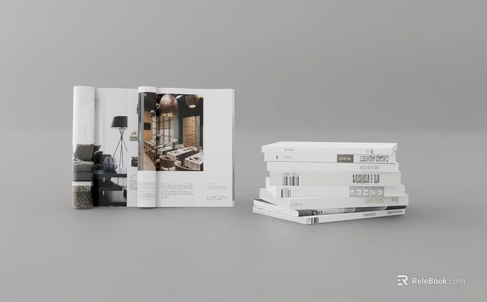 Open Book Displaying Home Interior Design Pages With Stack Of Magazines 3d model 