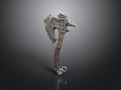 Ornate Metal Battle Axe With Intricate Carvings And Wrapped Handle Design 3d model
