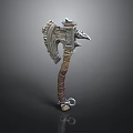 Ornate Metal Battle Axe With Intricate Carvings And Wrapped Handle Design