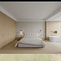 Modern Double Bed With Upholstered Headboard Wall Lamp Nightstand And Vase With White Flowers