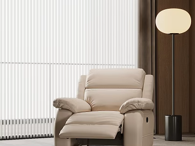 Beige Single Seater Recliner Sofa With Adjustable Backrest Near Floor Lamp And Vertical Blinds 3d model