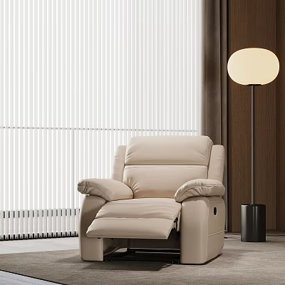 Beige Single Seater Recliner Sofa With Adjustable Backrest Near Floor Lamp And Vertical Blinds 3d model