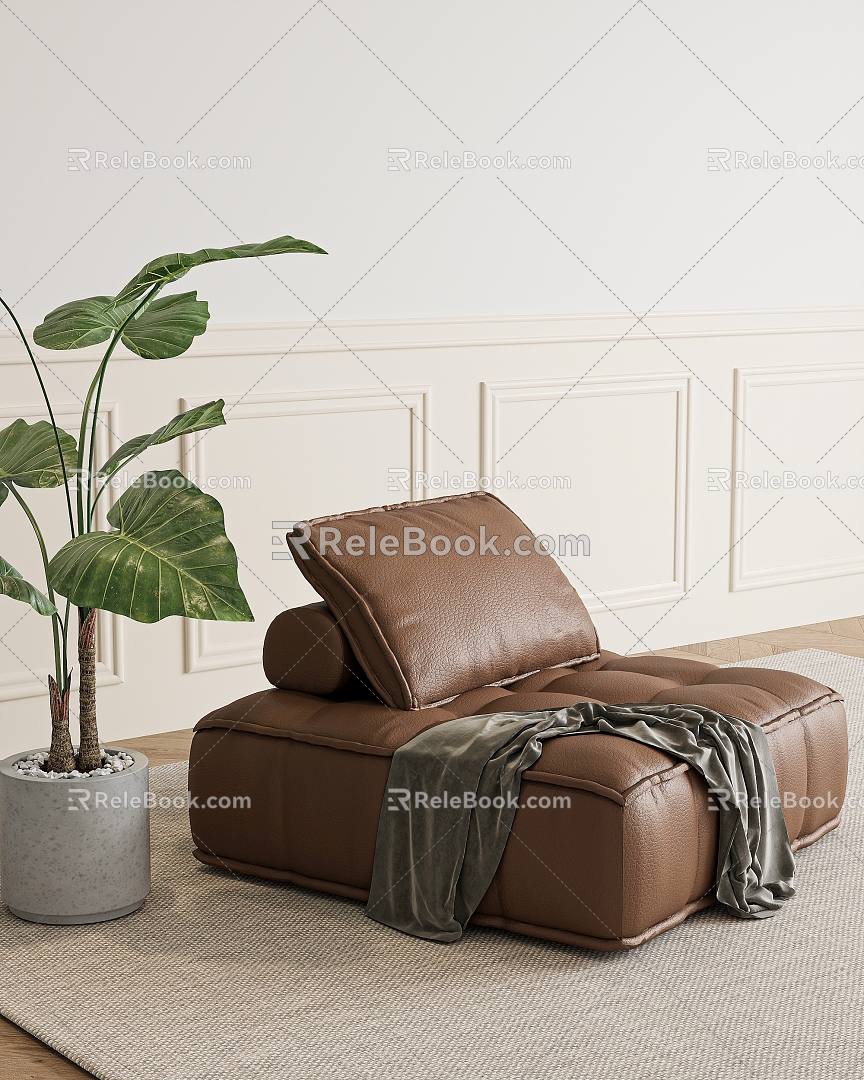 Leather Sofa Single Sofa Recliner Green Planting Carpet Wooden Floor Towel 3d model