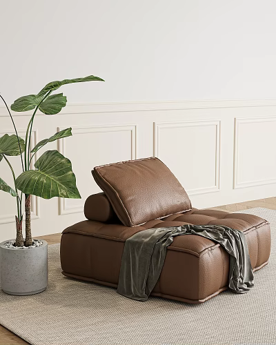 Brown Leather Single Sofa With Gray Throw Blanket And Green Plant By White Paneled Wall 3d model