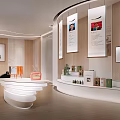 Modern Exhibition Hall Interior Design With Hanging Panels Display Platforms And Exhibits