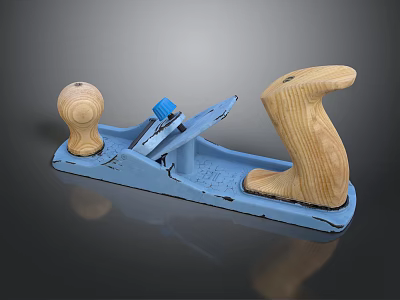 Classic Vintage Wooden Plane with Smooth Wooden Handles and Blue Metal Base 3d model