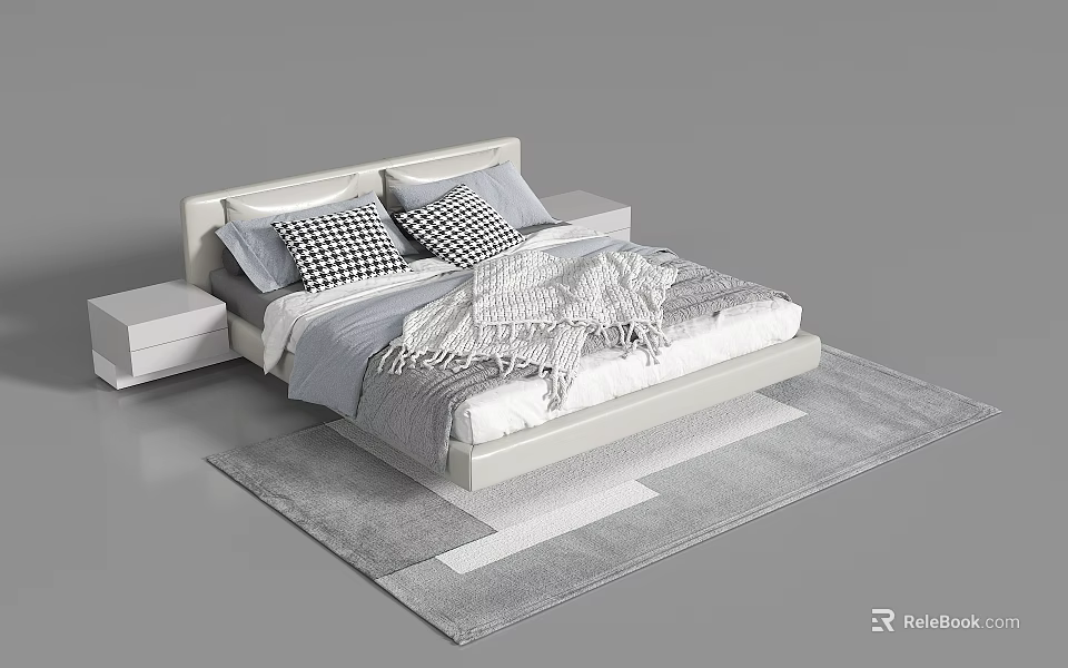 Modern Minimalist Double Bed Interior With Nightstand Pillows Blanket And Rug 3d model 