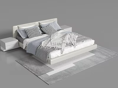 Modern Minimalist Double Bed Interior With Nightstand Pillows Blanket And Rug 3d model