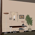 Wooden Bench In Entryway With Hanging Hat Coat Umbrella Wall Painting Vase Basket And Shoes