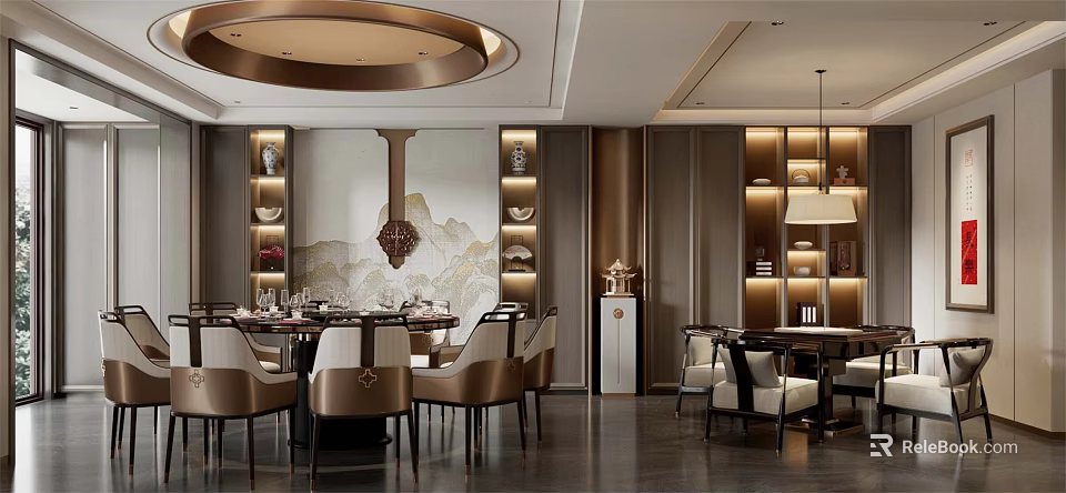 Chinese Style Private Dining Room Interior With Round Table Decorative Cabinets And Chandelier 3d model 