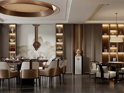 Chinese Style Private Dining Room Interior With Round Table Decorative Cabinets And Chandelier 3d model