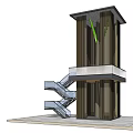 Pedestrian Overpass Structure With Glass Staircase Balcony Railings And Vertical Wooden Panels