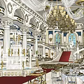 Grand Banquet Hall Interior With Chandelier White Columns Red Carpet And Fountain