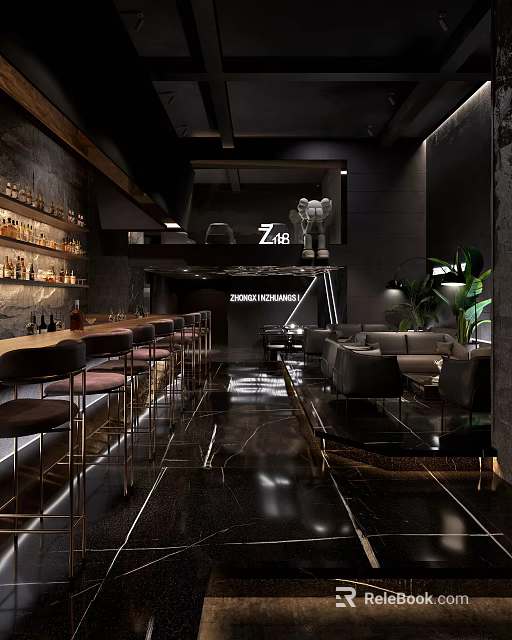 Modern Bar Interior Design With Sleek Counter Bar Stools And Ambient Lighting 3d model