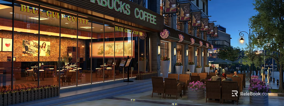 Commercial Street With Starbucks Coffee Shop Outdoor Seating Evening Lights Storefronts Tables Chairs And Flower Pots 3d model 