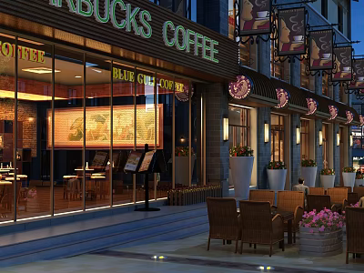 Commercial Street With Starbucks Coffee Shop Outdoor Seating Evening Lights Storefronts Tables Chairs And Flower Pots 3d model