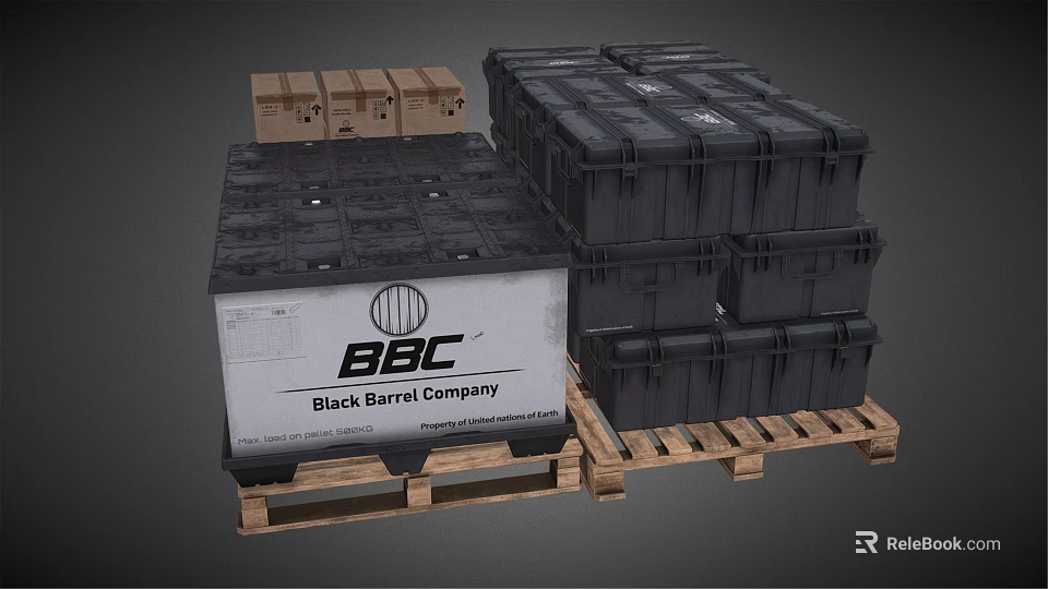 BBC Hardware Tools Stored in Black Barrels and Cardboard Boxes on Wooden Pallets 3d model 