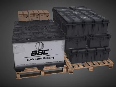 BBC Hardware Tools Stored in Black Barrels and Cardboard Boxes on Wooden Pallets 3d model