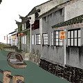 Ancient Architecture With White Walls Tile Roofs Red Lanterns Along River And Boat