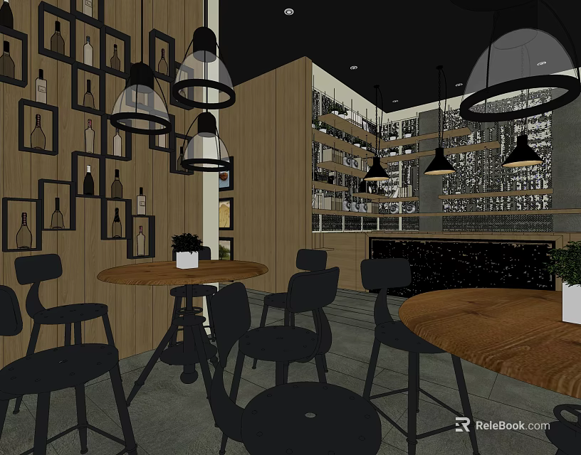 Café Interior Design With Wooden Walls Black Pendant Lights Round Tables And Bar Stools 3d model 