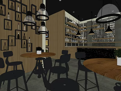 Café Interior Design With Wooden Walls Black Pendant Lights Round Tables And Bar Stools 3d model