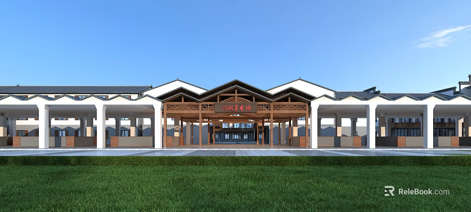 Traditional Style Supermarket Department Store Exterior With Wooden Entrance And Lawn Area 3d model 