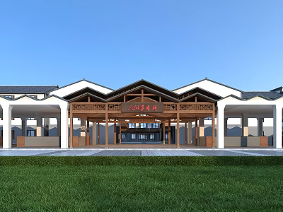 Traditional Style Supermarket Department Store Exterior With Wooden Entrance And Lawn Area 3d model