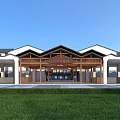 Traditional Style Supermarket Department Store Exterior With Wooden Entrance And Lawn Area