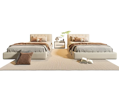 Modern Beige Double Bed Frame With Pillows Bedside Table And Cozy Decorative Rug 3d model