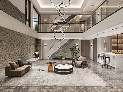 Modern Duplex Living Room Interior With High Ceiling Circular Chandelier Stone Wall And Staircase 3d model