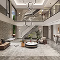 Modern Duplex Living Room Interior With High Ceiling Circular Chandelier Stone Wall And Staircase