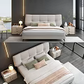 Modern Double Bed With Light Gray Upholstered Headboard Dark Background Wall Bedside Tables And Greenery