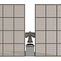 Minimalist Room Divider With Wooden Frame Woven Panels And Decorative Sculpture On White Pedestal