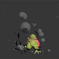 Green Frog Character Holding Net Surrounded by Transparent Bubbles Green Leaves and Water Droplets